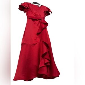 Women's V neck Ruffle Front Red Satin Crepe belted Gown
Size 8
